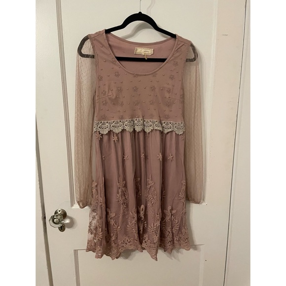A’reve Modcloth Anthropologie Blush Pink Floral Lace Mesh Crochet Dress size M - Picture 2 of 10
